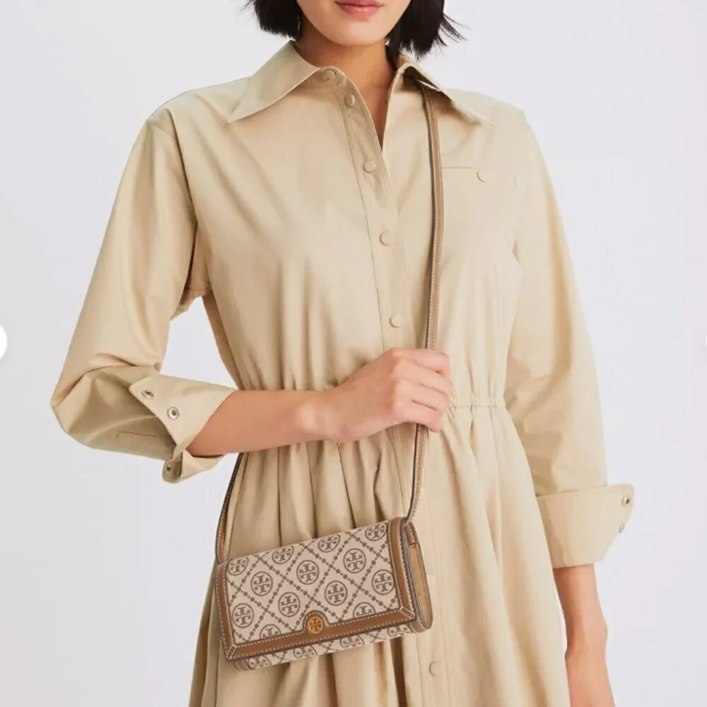 NEW! Tory Burch T Monogram Jacquard Wallet Crossbody -Hazelnut
